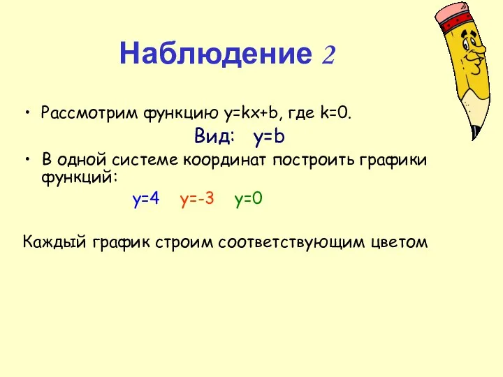 Наблюдение 2 Рассмотрим функцию y=kx+b, где k=0. Вид: y=b В одной системе координат