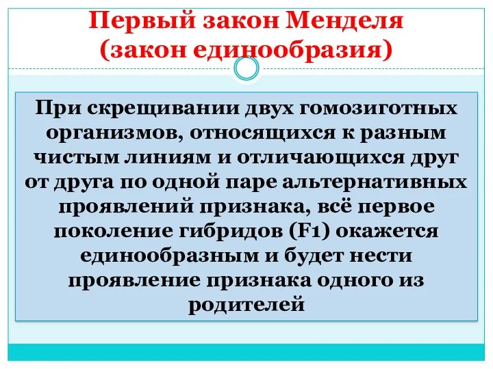 Первый закон Менделя (закон единообразия) При скрещивании двух гомозиготных организмов, относящихся к разным