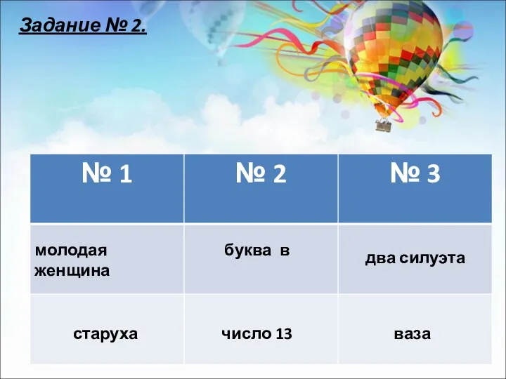 Задание № 2. молодая женщина старуха буква в число 13 два силуэта ваза