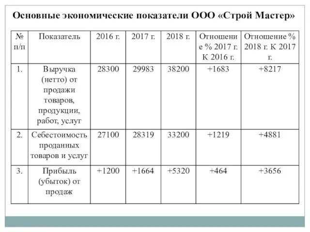 Основные экономические показатели ООО «Строй Мастер»