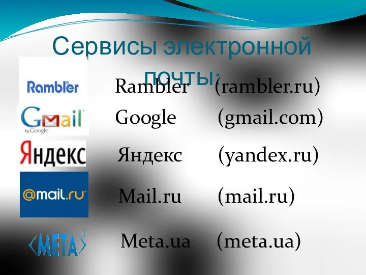 Сервисы электронной почты: Rambler (rambler.ru) Google (gmail.com) Яндекс (yandex.ru) Mail.ru (mail.ru) Meta.ua (meta.ua)