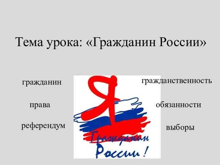 Тема урока: «Гражданин России» гражданин гражданственность права обязанности референдум выборы