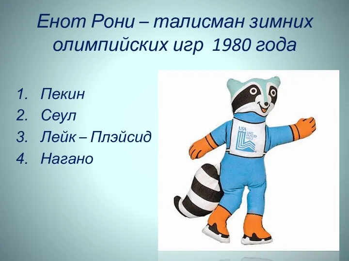 Енот Рони – талисман зимних олимпийских игр 1980 года Пекин Сеул Лейк – Плэйсид Нагано