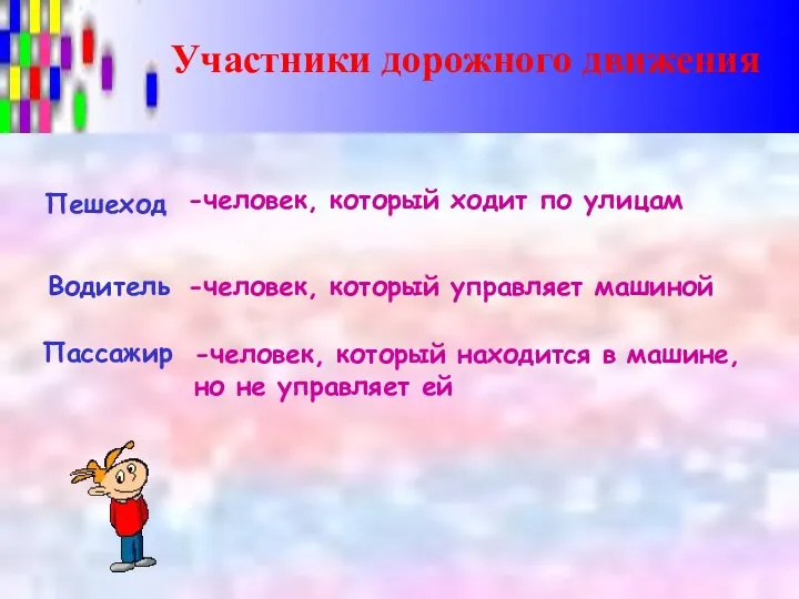 Участники дорожного движения Пешеход Водитель Пассажир -человек, который ходит по