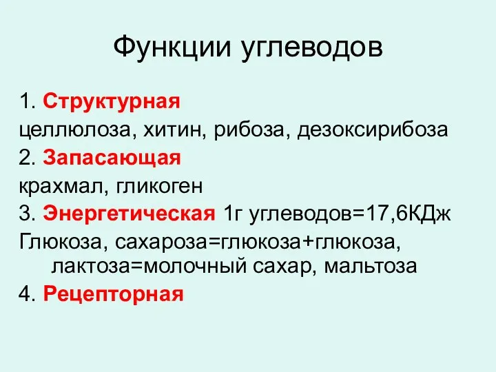 Функции углеводов 1. Структурная целлюлоза, хитин, рибоза, дезоксирибоза 2. Запасающая