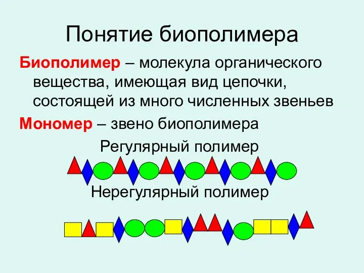 Понятие биополимера Биополимер – молекула органического вещества, имеющая вид цепочки,