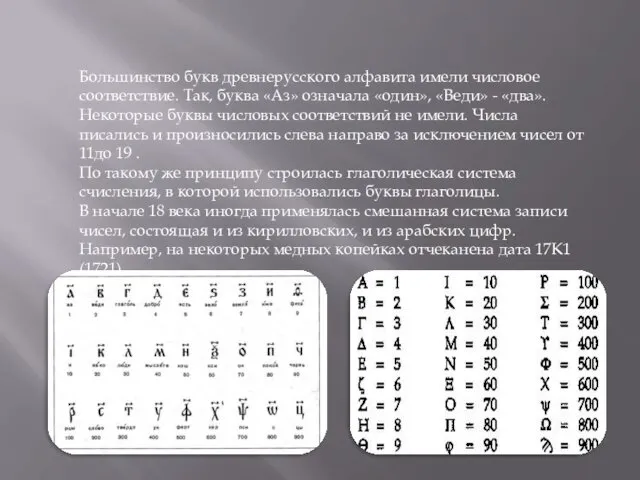 Большинство букв древнерусского алфавита имели числовое соответствие. Так, буква «Аз»