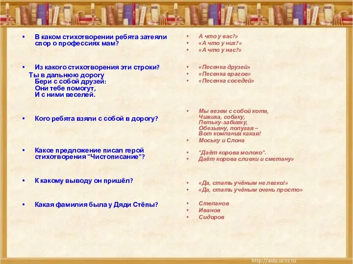 В каком стихотворении ребята затеяли спор о профессиях мам? Из