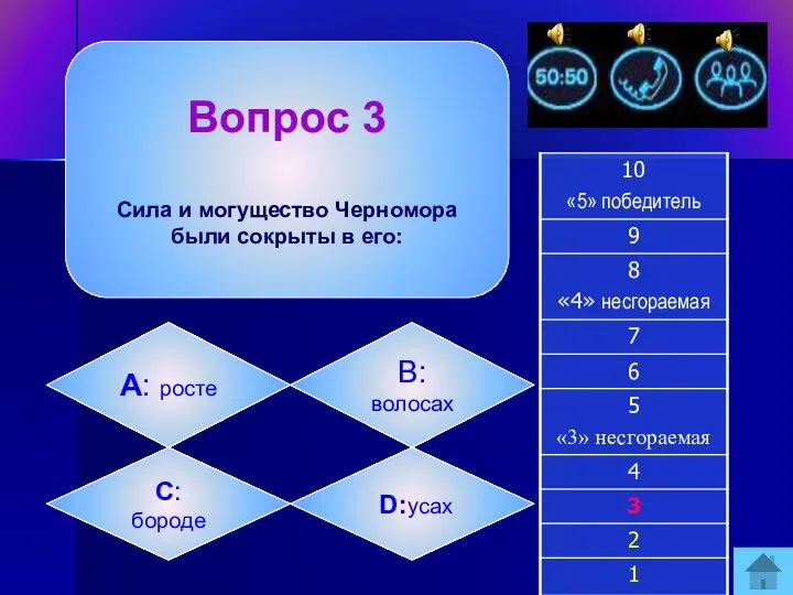Вопрос 3 Сила и могущество Черномора были сокрыты в его: А: росте B:
