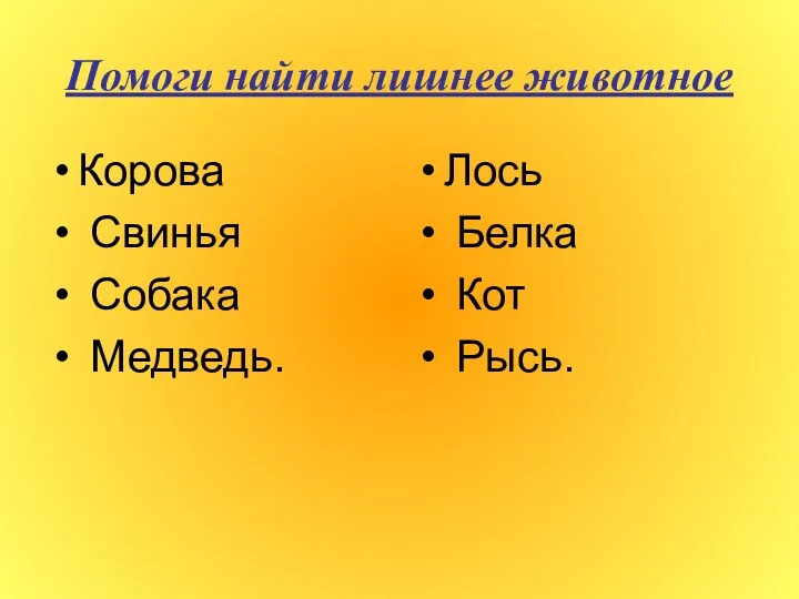 Помоги найти лишнее животное Корова Свинья Собака Медведь. Лось Белка Кот Рысь.