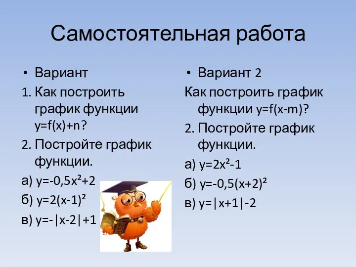 Самостоятельная работа Вариант 1. Как построить график функции y=f(x)+n? 2.