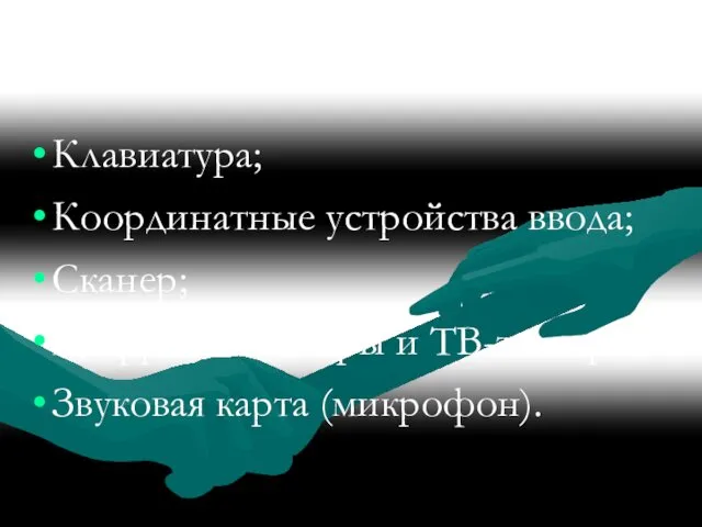 УСТРОЙСТВА ВВОДА Клавиатура; Координатные устройства ввода; Сканер; Цифровые камеры и ТВ-тюнеры; Звуковая карта (микрофон).