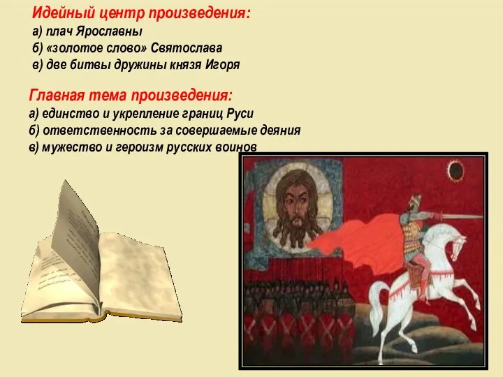 Идейный центр произведения: а) плач Ярославны б) «золотое слово» Святослава