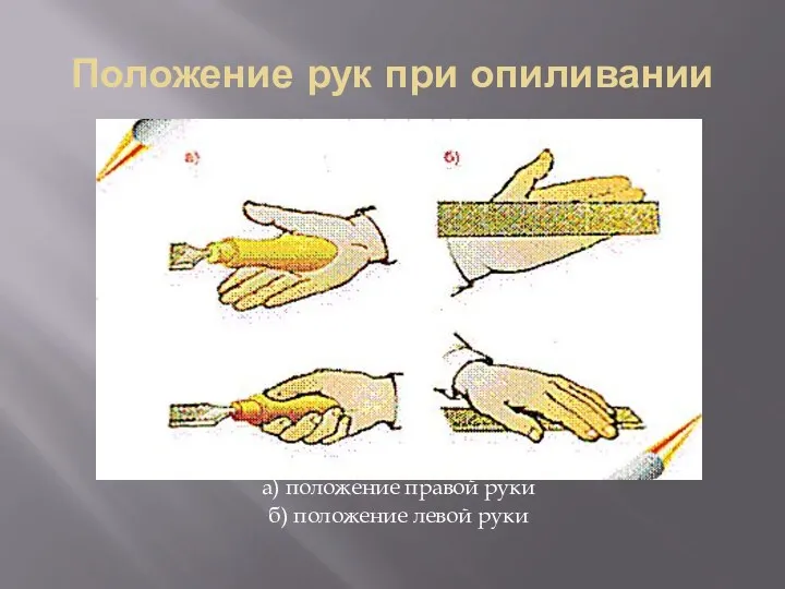 Положение рук при опиливании а) положение правой руки б) положение левой руки