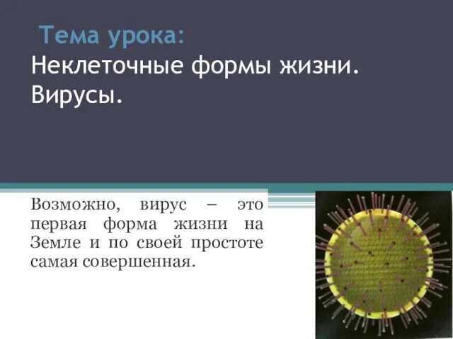 Тема урока: Неклеточные формы жизни. Вирусы. Возможно, вирус – это первая форма жизни