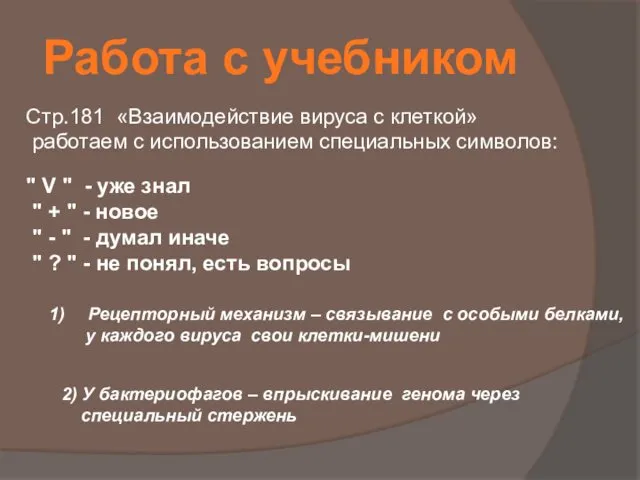 Работа с учебником Стр.181 «Взаимодействие вируса с клеткой» работаем с использованием специальных символов: