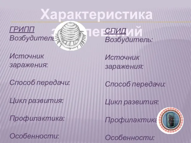 Характеристика заболеваний ГРИПП Возбудитель: Источник заражения: Способ передачи: Цикл развития: Профилактика: Особенности: СПИД