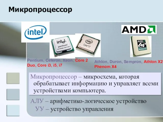 Микропроцессор Pentium, Celeron, Xeon, Core 2 Duo, Core i3, i5, i7 Athlon, Duron,