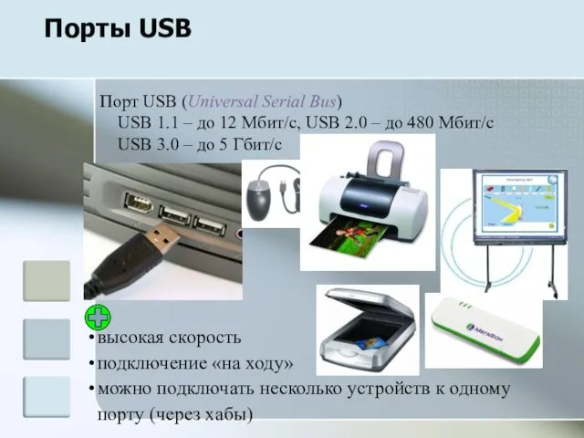 Порты USB Порт USB (Universal Serial Bus) USB 1.1 – до 12 Мбит/c,
