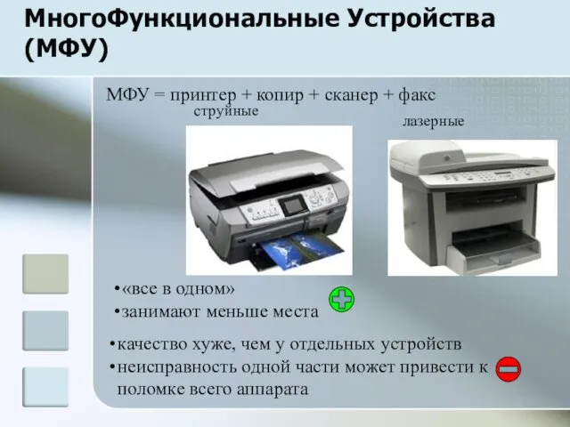 МногоФункциональные Устройства (МФУ) МФУ = принтер + копир + сканер