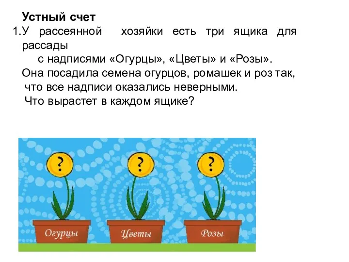 Устный счет У рассеянной хозяйки есть три ящика для рассады с надписями «Огурцы»,