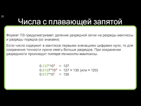 Числа с плавающей запятой Формат ПЗ предусматривает деление разрядной сетки