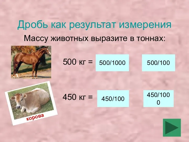 Дробь как результат измерения Массу животных выразите в тоннах: 500 кг = 450