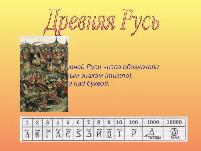 В древней Руси числа обозначали буквами с особым знаком (титло), который писали над буквой. Древняя Русь