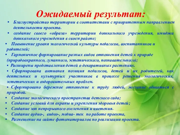 Ожидаемый результат: Благоустройство территории в соответствии с приоритетным направлением деятельности