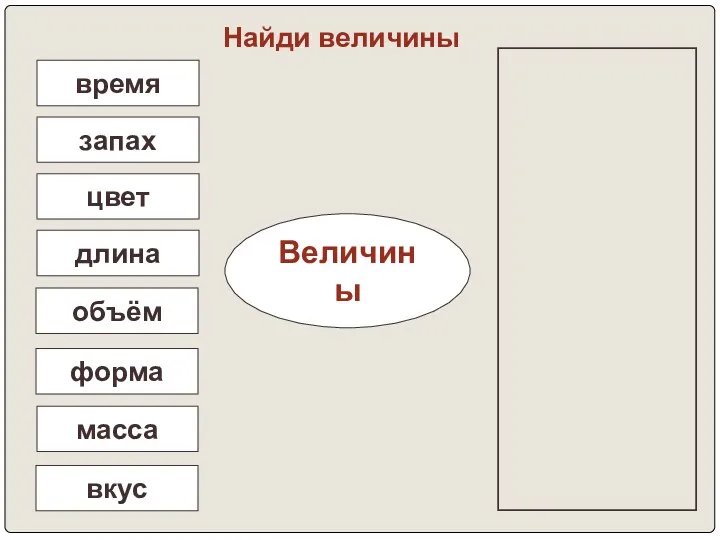 Величины Найди величины форма вкус длина время масса запах объём цвет