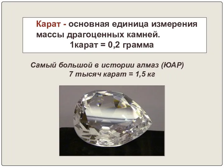 Карат - основная единица измерения массы драгоценных камней. 1карат =