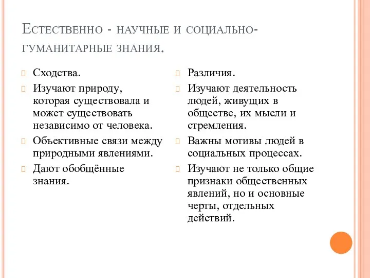 Естественно - научные и социально-гуманитарные знания. Сходства. Изучают природу, которая