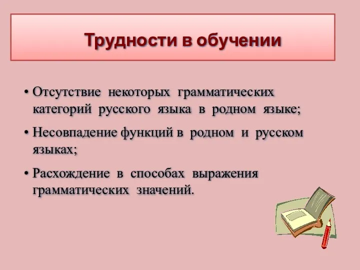 Трудности в обучении Отсутствие некоторых грамматических категорий русского языка в родном языке; Несовпадение