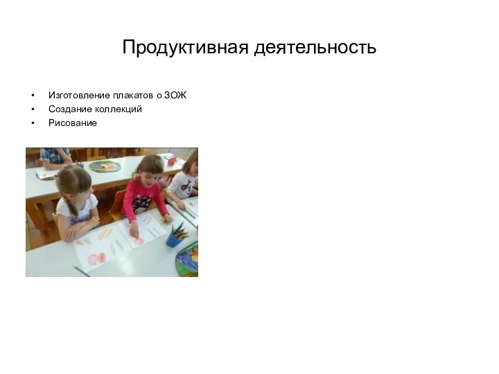 Продуктивная деятельность Изготовление плакатов о ЗОЖ Создание коллекций Рисование