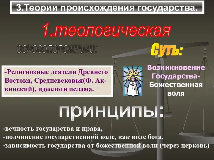 3.Теории происхождения государства. 1.теологическая основоположники: -Религиозные деятели Древнего Востока, Средневековья(Ф. Ак- винский), идеологи