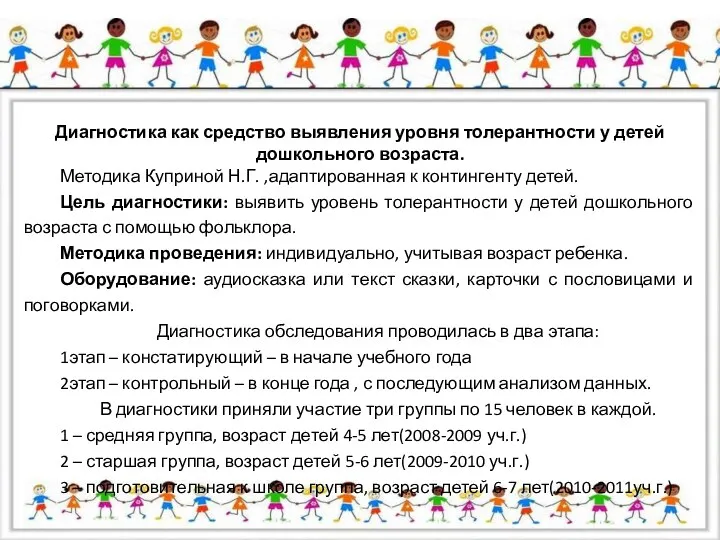 Диагностика как средство выявления уровня толерантности у детей дошкольного возраста. Методика Куприной Н.Г.