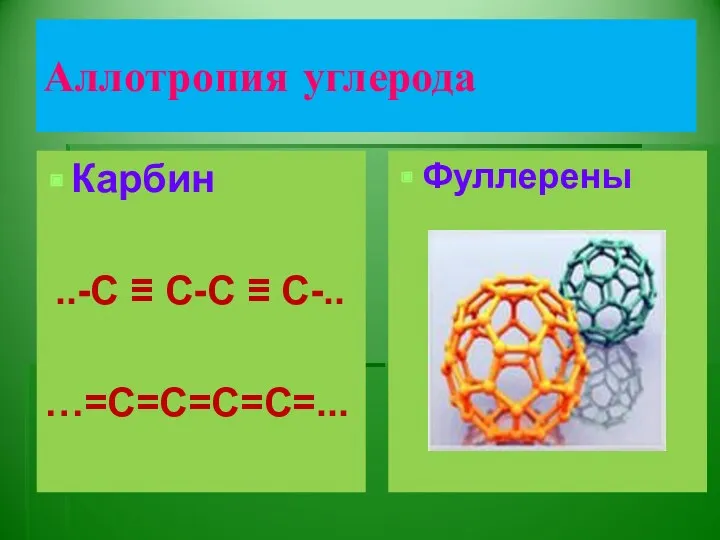 Аллотропия углерода Карбин ..-С ≡ С-С ≡ С-.. …=С=С=С=С=... Фуллерены