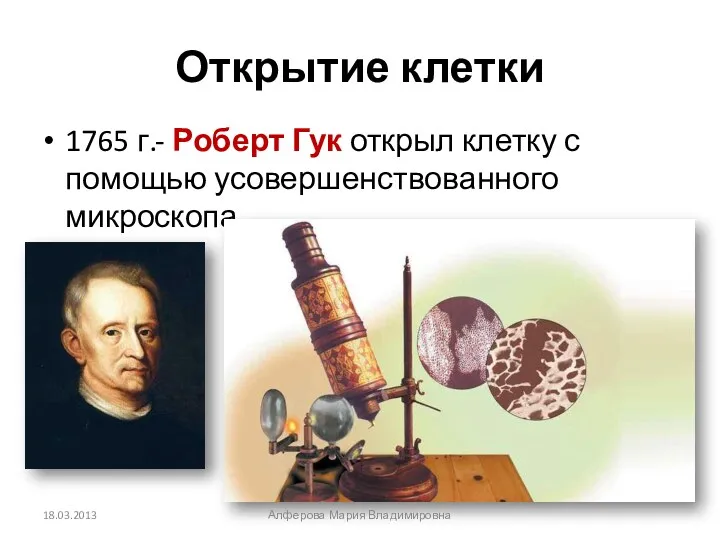 Открытие клетки 1765 г.- Роберт Гук открыл клетку с помощью усовершенствованного микроскопа Алферова Мария Владимировна