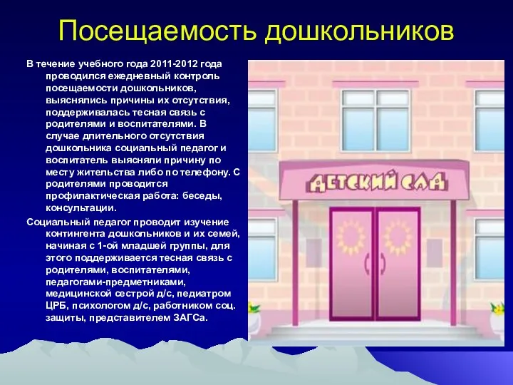 Посещаемость дошкольников В течение учебного года 2011-2012 года проводился ежедневный контроль посещаемости дошкольников,