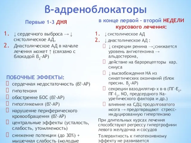 Первые 1-3 ДНЯ ↓ систолическое АД ↓ диастолическое АД :