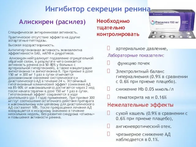 Алискирен (расилез) Специфическая антирениновая активность. Практическое отсутствие эффекта на другие