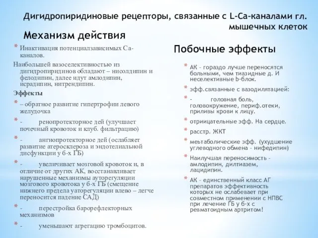 Механизм действия Инактивация потенциалзависимых Са-каналов. Наибольшей вазоселективностью из дигидропиридинов обладают