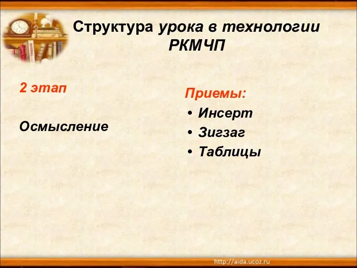 Структура урока в технологии РКМЧП 2 этап Осмысление Приемы: Инсерт Зигзаг Таблицы