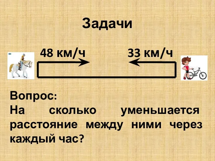 Задачи 48 км/ч 33 км/ч Вопрос: На сколько уменьшается расстояние между ними через каждый час?