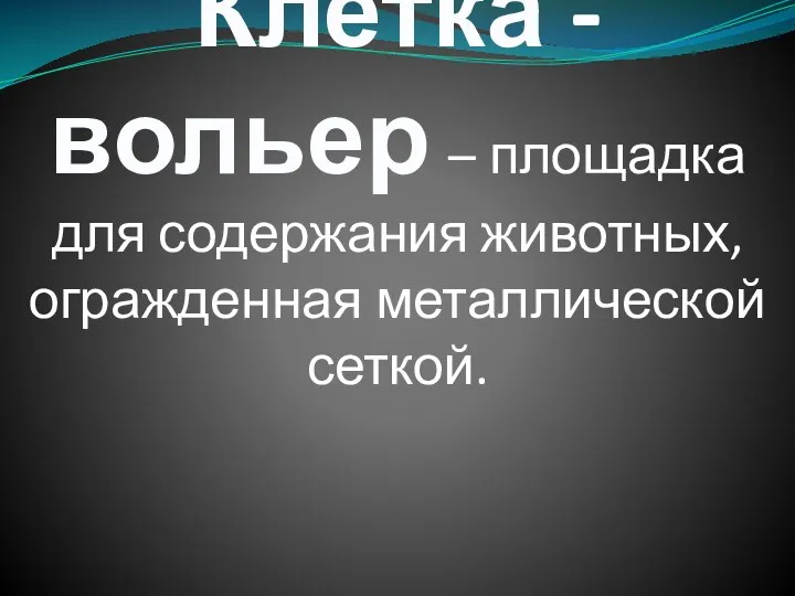 Клетка - вольер – площадка для содержания животных, огражденная металлической сеткой.