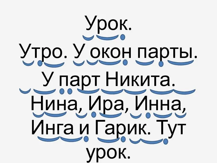 Урок. Утро. У окон парты. У парт Никита. Нина, Ира, Инна, Инга и Гарик. Тут урок.