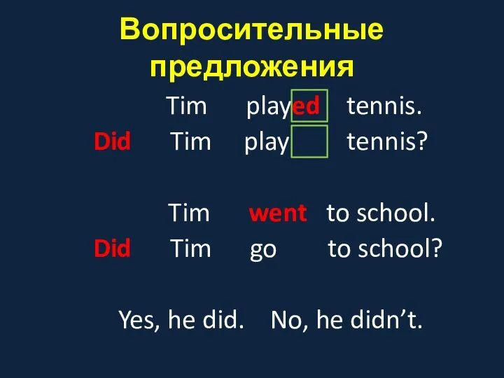 Вопросительные предложения Tim played tennis. Did Tim play tennis? Tim went to school.