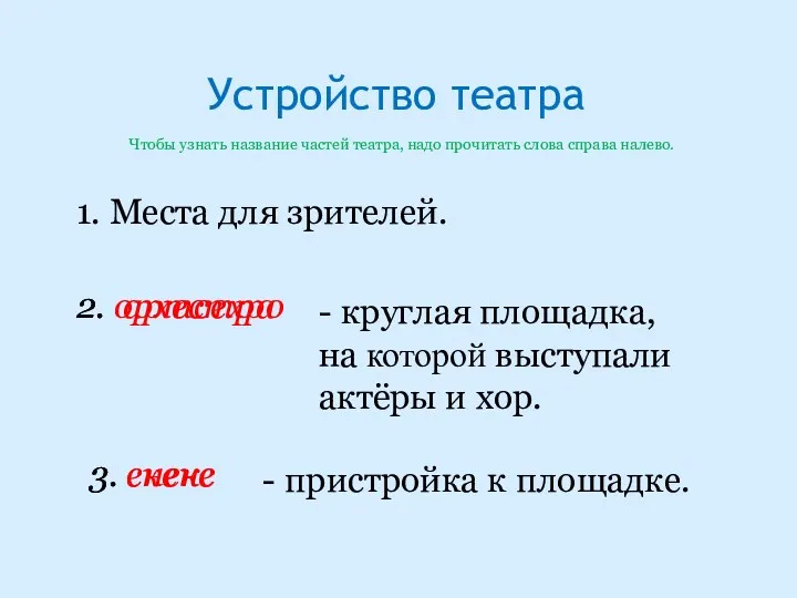 Устройство театра 1. Места для зрителей. 2. артсехро - круглая