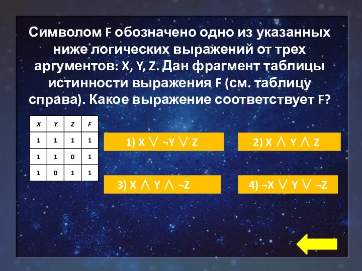 Символом F обозначено одно из указанных ниже логических выражений от трех аргументов: X,