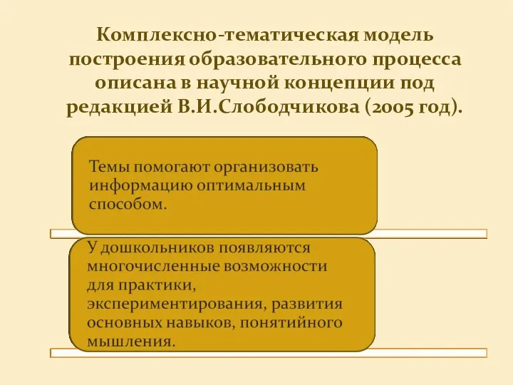 Комплексно-тематическая модель построения образовательного процесса описана в научной концепции под редакцией В.И.Слободчикова (2005 год).